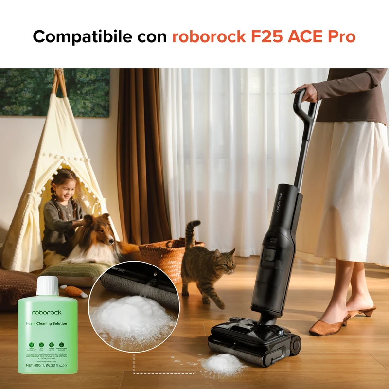 Soluzione detergente schiumogena per pavimenti da 480 ml – Compatibile con l’aspirapolvere lavapavimenti Roborock F25 ACE Pro, formula con pochi residui