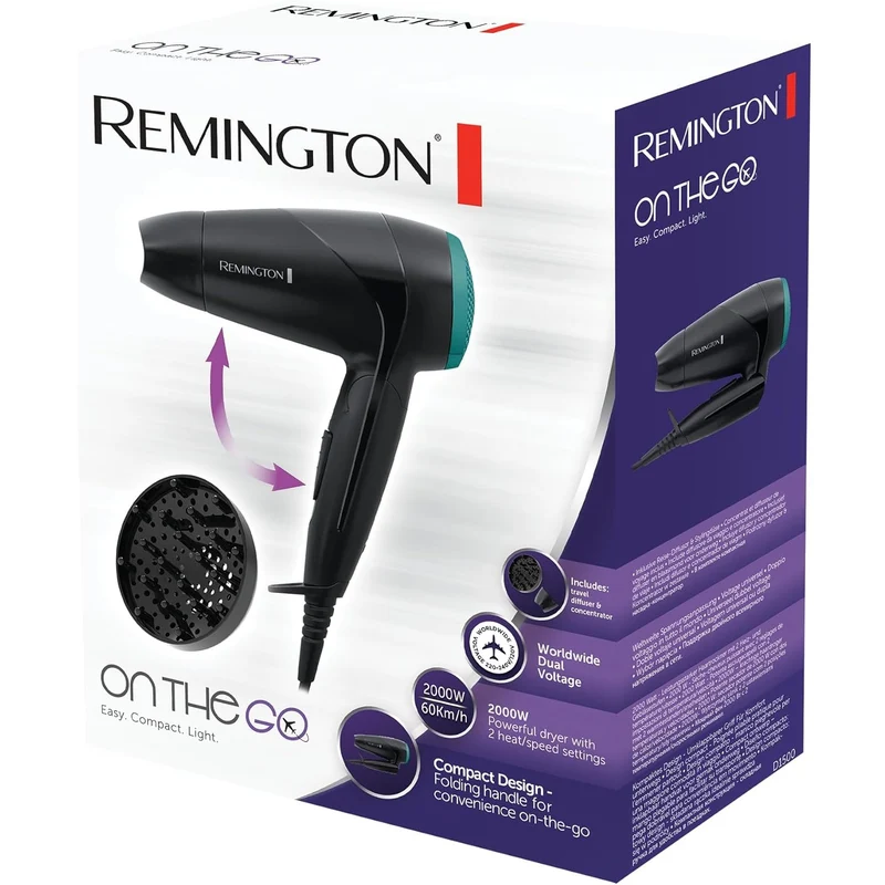 Remington Asciugacapelli 2000W - Pieghevole e Potente - Phon da Viaggio, Bacchetta e Diffusore per styling, 2 livelli di riscaldamento e ventola, On The Go D1500