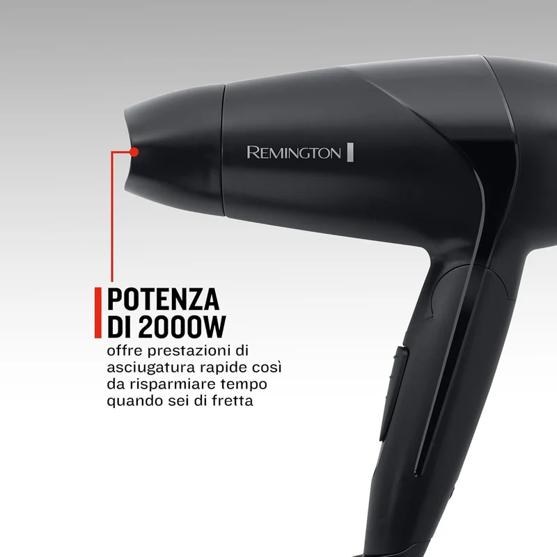 Remington Asciugacapelli 2000W - Pieghevole e Potente - Phon da Viaggio, Bacchetta e Diffusore per styling, 2 livelli di riscaldamento e ventola, On The Go D1500