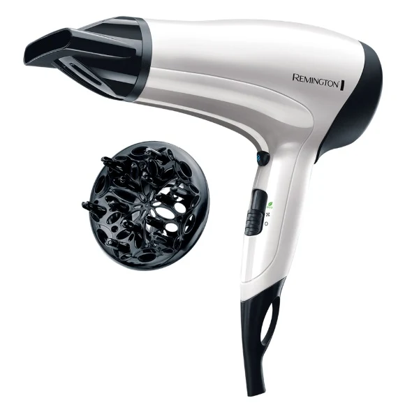 Remington D3015 Asciugacapelli Professionale Remington, Leggero, Griglia Ionica in Ceramica, 2000W, 3 livelli di riscaldamento, 2 Potenze di ventilazione, due ugelli per lo styling Phon per Capelli Lisci e Ricci + diffusore, White