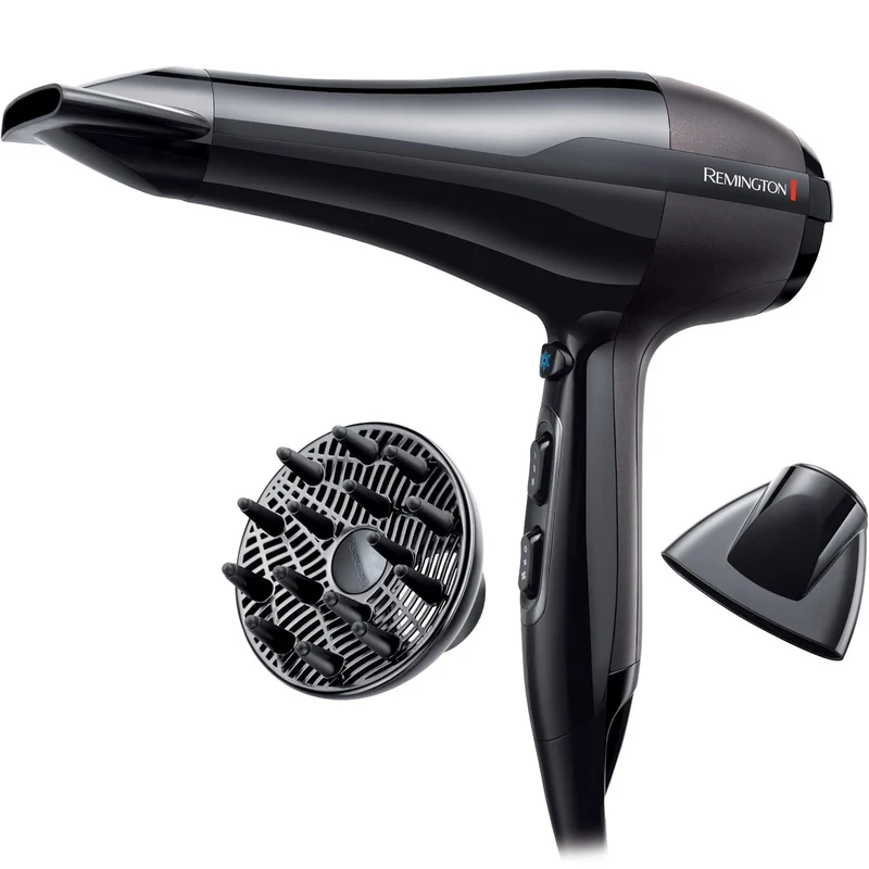 Remington AC5999 Asciugacapelli Professionale agli Ioni, motore di lunga durata 2300W, 3 livelli di riscaldamento, due ugelli per lo styling Phon per Capelli Lisci e Ricci + diffusore, Pro Air Black