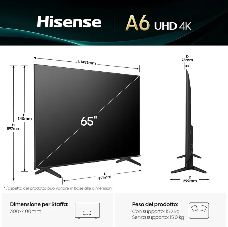 Hisense Smart TV 65" UHD 4K Ultra HD 65A6Q Led Android Wi-Fi Hdmi Hdr