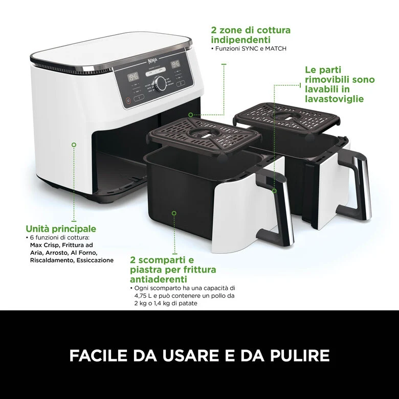 Ninja AF400EU Doppia 9,5 L Indipendente 2470 W Friggitrice ad aria calda Bianco