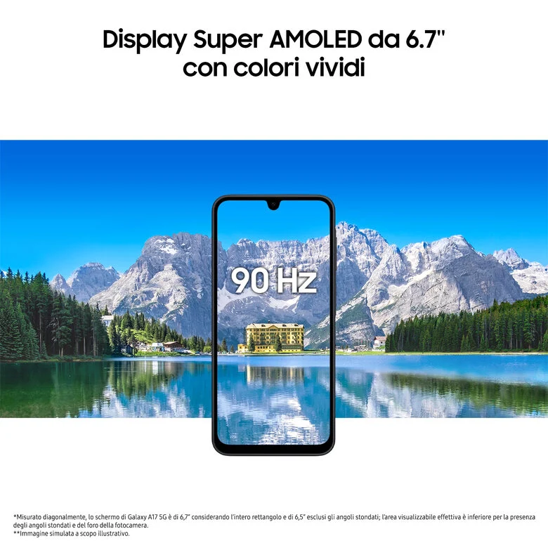 Samsung Galaxy A17 5G, Android 15, Display sAMOLED 6.7", 8GB RAM, 256GB, Batteria 5.000 mAh, Resistenza IP54, Memoria espandibile fino a 2TB, Gray