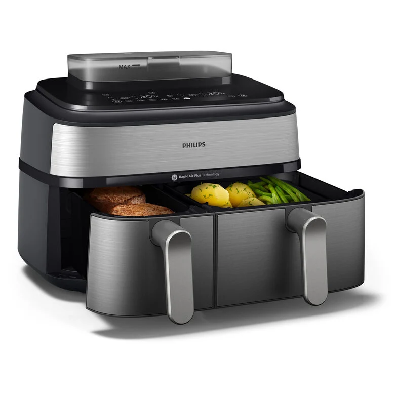 Philips NA555/00 Friggitrice ad Aria doppio cestello con cottura a vapore, 5000 series, 9 litri, 19 metodi di cottura, App per ricette