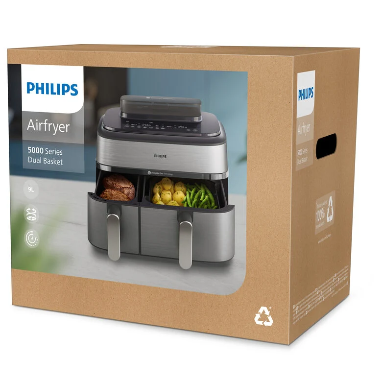 Philips NA555/00 Friggitrice ad Aria doppio cestello con cottura a vapore, 5000 series, 9 litri, 19 metodi di cottura, App per ricette