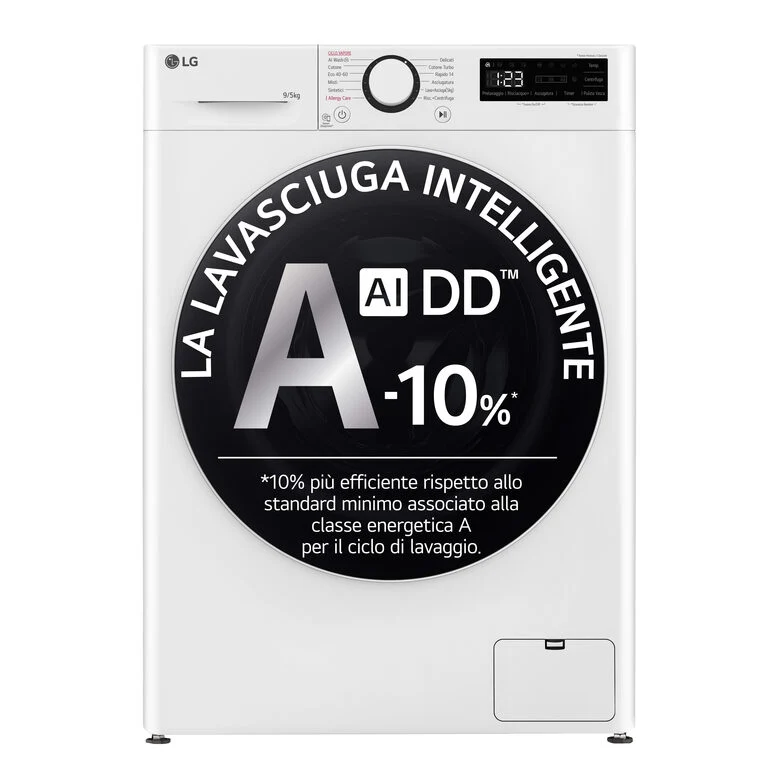 LG D2R5S09TSWW Serie R5 Lavasciuga Slim A Libera Installazione 9/5 Kg, 1200 Giri, AI Dd, AI Wash, TurboWash 360, Vapore, Allergy Care, Classe E, Bianco