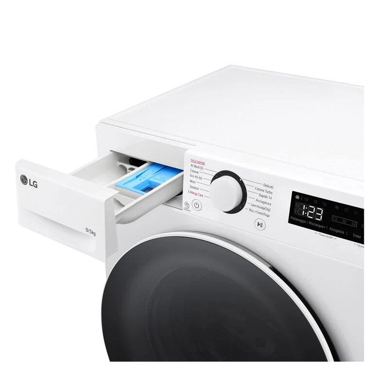 LG D2R5S09TSWW Serie R5 Lavasciuga Slim A Libera Installazione 9/5 Kg, 1200 Giri, AI Dd, AI Wash, TurboWash 360, Vapore, Allergy Care, Classe E, Bianco