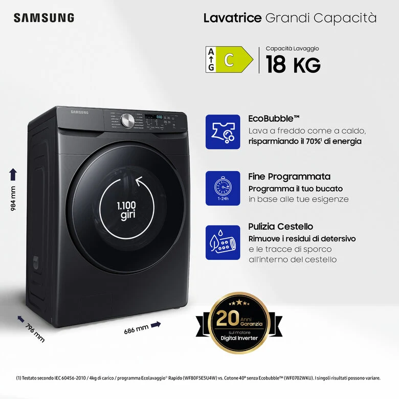 Samsung WF18T8000GV lavatrice Caricamento frontale 18 kg 1100 Giri/min C Nero