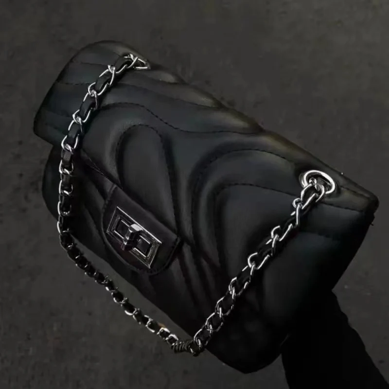 Wave-Quilted Chain Shoulder Bag