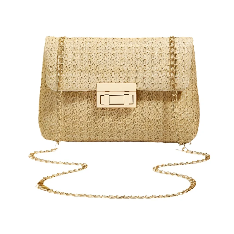 Straw Crossbody Bag With Gold Chain