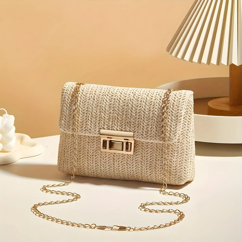 Straw Crossbody Bag With Gold Chain