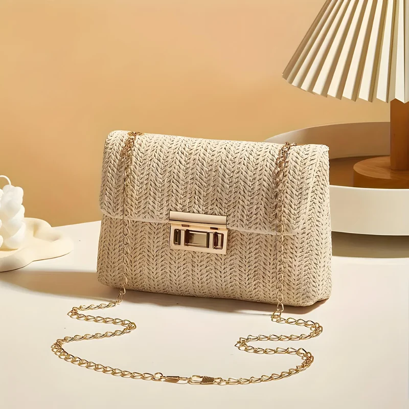 Straw Crossbody Bag With Gold Chain