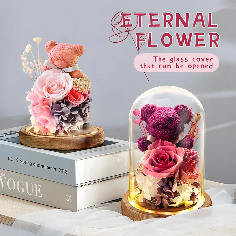 Rose Bear Glass Dome