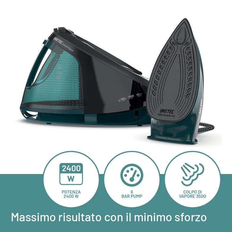Imetec Smartvapor Ferro da Stiro Generatore di Vapore, Vapore 2 volte più potente, Fino a 6,0 Bar Pump, 2400 W, Colpo di vapore da 350 g, Piastra Fluid Ceramic PRO, Carica continua con serba