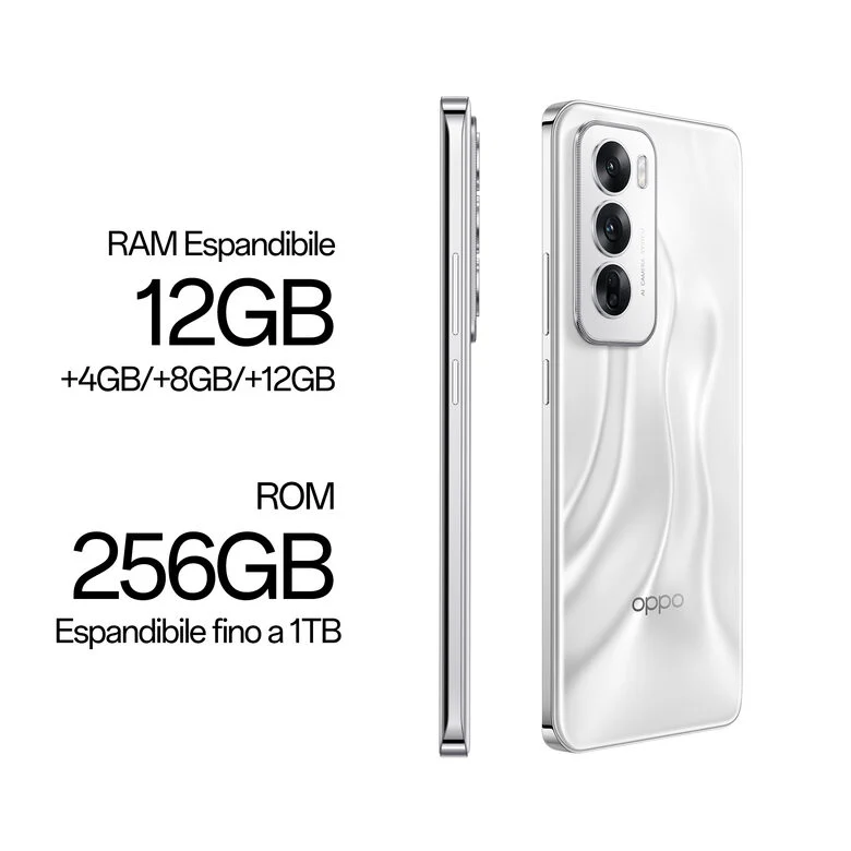 OPPO Reno12 5G AI Smartphone, Tripla fotocamera 50+8+2MP, Selfie 32MP, Display 6.7” 120HZ AMOLED FHD+, 5000mAh, RAM 12GB(Esp4GB/8GB/12GB)+ROM 256GB, [Versione Italia], Astro Silver